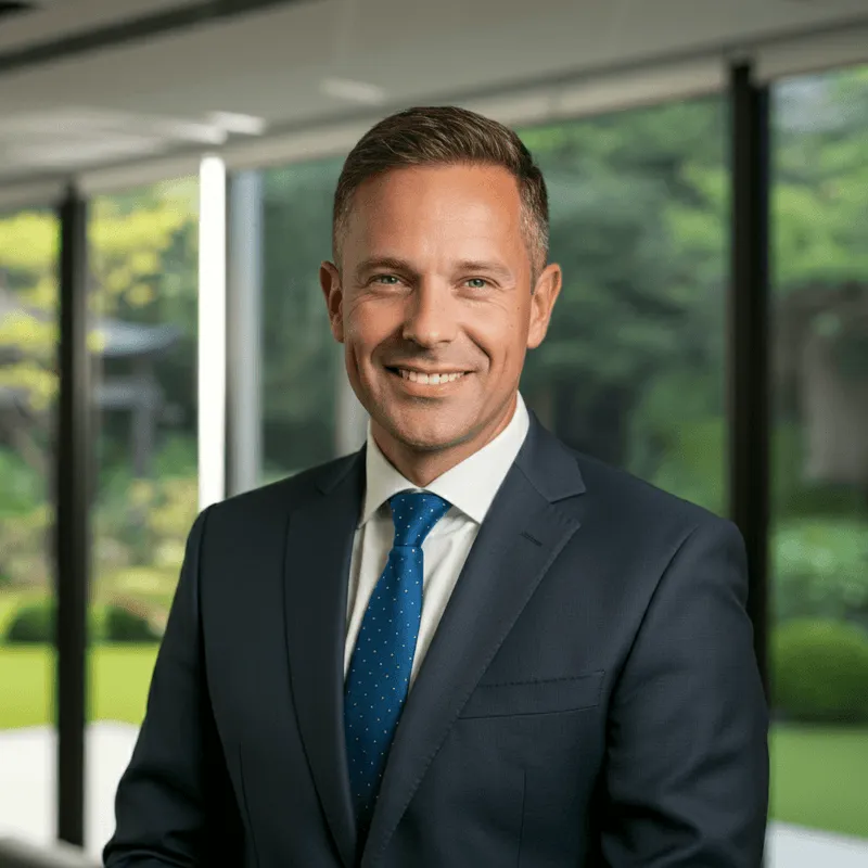 Confident man in a dark suit standing with arms crossed